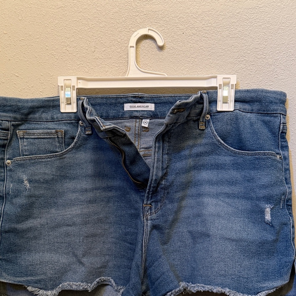 Good American Raw Hem Blue Boyfriend Denim Shorts
